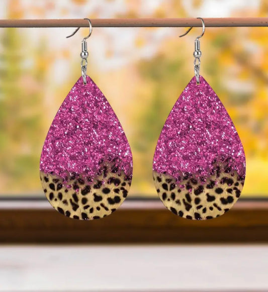 Pink glitter -cheetah teardrop earrings