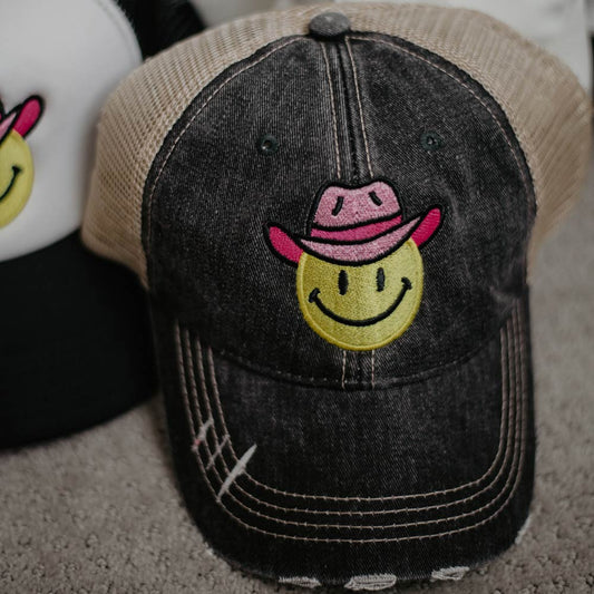 cap - cowboy hat happy face distressed hat