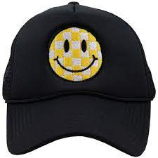 cap - yellow checkered happy face foam trucker hat