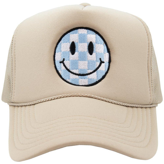 cap - light blue checkered happy face - khaki